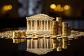 Majestic Miniature Central Bank Amidst Gleaming Coin Stacks. Generative Ai Royalty Free Stock Photo