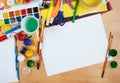 Artwork workplace with creative accessories, art tools for painting and drawing Royalty Free Stock Photo