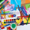 Artwork workplace with creative accessories, art tools for painting and drawing Royalty Free Stock Photo