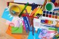 Artwork workplace with creative accessories, art tools for painting and drawing Royalty Free Stock Photo