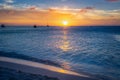 Aruba idyllic caribbean beach with boats at sunset, Dutch Antilles Sea