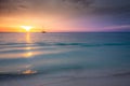 Aruba idyllic caribbean beach with boats at sunset, Dutch Antilles Sea