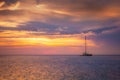 Aruba idyllic caribbean beach with boats at sunset, Dutch Antilles Sea