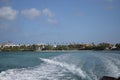 Aruba, Renaissance Island, Caribbean Sea. Sunny beach with white sand, coconut palm trees and turquoise sea. Summer vacation,