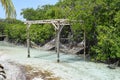 Aruba, Renaissance Island, Caribbean Sea. Sunny beach with white sand, coconut palm trees and turquoise sea. Summer vacation,