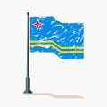 Aruban flag with scratches, vector flag of Aruba waving on flagpole with shadow.