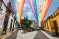 Arucas, Gran Canaria, Spain: the phrase `los derechos humanos no se negocian` on banners in the form of a long flag Royalty Free Stock Photo