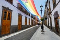 Arucas, Gran Canaria, Spain: the phrase `los derechos humanos no se negocian` on banners in the form of a long flag Royalty Free Stock Photo