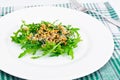 Arugula Salad with Germinated Grain in White Plate Royalty Free Stock Photo