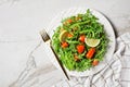 Arugula salmon pieces avocado salad, top view