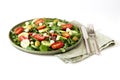 Arugula, tomato, cucumber, mozzarella and olive salad in a green plate Royalty Free Stock Photo