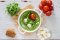 Arugula and tomatoes puree soup in white bowl Royalty Free Stock Photo
