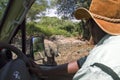 Safari guide looking at nearby elephant