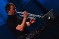 Arve Henriksen plays trumpet in front of his ibook and MIDI controllers, elektrarna Piestany, 25th of August 2017