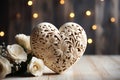 ÃÂ¡arved wooden heart with white roses on the background of bokeh effec. Generative AI