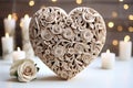 ÃÂ¡arved wooden heart with white roses and candles on the background of bokeh effec. Generative AI