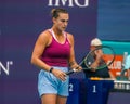 Aryna Sabalenka of Belarus in action during quarter-final match against Sorana Cirstea of Romania at 2023 Miami Open