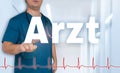 Arzt in german doctor shows on viewer with heart rate concept Royalty Free Stock Photo