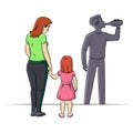 Mom holding daughters hand with alcoholic father`s shadow