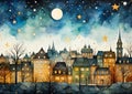 Enchanting Nightfall: A Quaint City\'s Scattered Golden Dreamscap