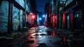 Enigmatic Urban Palette. Dark alley with worn textures and captivating graffiti under the twilight sky. Generative AI