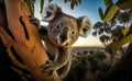 A koala bear climbing the eucalyptus in the morning, generative AI