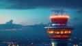 As day turns to night the control tower lights up like a beacon guiding aircraft in and out of the airport. Its advanced Royalty Free Stock Photo