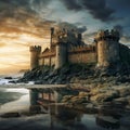 Hyper realistic AI castle emerges at dusk, framed by the low tide revealing scattered rocks along the ocean's edge.