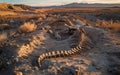 As dusk settles over the desert, the remnants of a prehistoric creature lie exposed after a meticulous archaeological Royalty Free Stock Photo