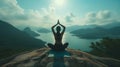 Yoga in the mountains on a mountain top overlooking a bay at dawn or dusk Royalty Free Stock Photo