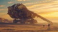 An elegant heavy machinery creation, intricately detailed, standing tall against the golden hues of a desert sunrise. The