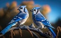 A couple of blue jays on the branch with blurred blue sky background in morning generative AI