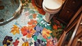 As guests make their way to the bathroom they are met with a stunning mosaic tile floor featuring a variety of floral