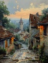 Captivating Village Vistas: A Serene Sunset Scene on a Cobblesto