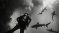 As the intrepid divers descend deeper and deeper into the abyss a deafening silence surrounds them. Sharks circle in the Royalty Free Stock Photo