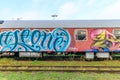 As, Limburg, Belgium. December 17, 2023. Old red sheet passenger car with doors and windows painted with blue letters Royalty Free Stock Photo