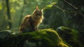 a bewitching long-haired cat explores moss-covered stones, creating an enchanting display of natural beauty