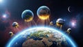As mini planets each with glowing bases indicating connection or Royalty Free Stock Photo