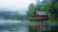 As the mist begins to dissipate the serene lodge and its surroundings emerge showcasing their natural beauty. 2d flat