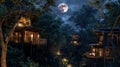 As the moon rises into the sky the forest cabins are bathed in a soft ethereal glow creating a magical atmosphere for a