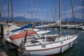 Desenzano del Garda, Italy - July 12, 2022 - yachts and boats docked at the port on Lake Garda on a sunny summer morning