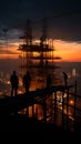 As night falls, the construction site silhouette reveals crane and laborers
