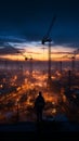 As night falls, the construction site silhouette reveals crane and laborers