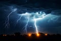 As night falls, a lightning bolt slices through the stormy sky