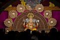 Close up , Landscape view of decorated and garlanded Isolated idol of Hindu God Ganesha in Pune ,Maharashtra, India.