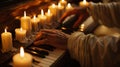 As the pianists fingers expertly glided across the keys the candles glimmered in admiration. 2d flat cartoon