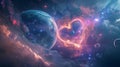 Within a celestial observatory, planets align to create an awe-inspiring heart-shaped cosmic phenomenon, emitting a serene,