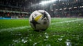 As the rain cascades down onto the emerald-green pitch, the football lies at the center, AI generated