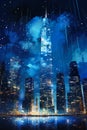 Glimmering City Nights: A Rainy Skyscraper Skyline