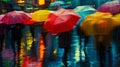 As the rain pours down the city transforms into a sea of colorful umbrellas and blurred reflections on the wet pavement